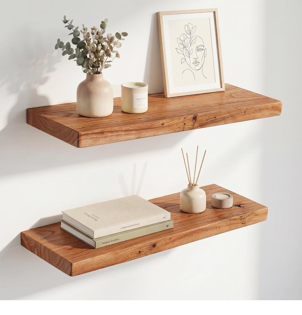 18 Inch Floating Shelves, Solid Wood Wall Shelves, 8 Inch Deep Floating Shelf for Bathroom, Bedroom, Living Room, Kitchen, Home Decor & Storage, Heavy-Duty Wooden Shelf Wall-Mounted, Set of 2