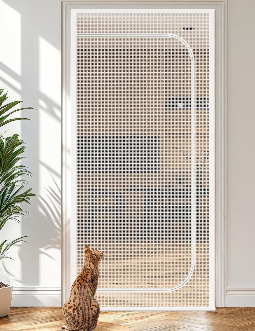 BFNN Cat Screen Door, Extra Tall Cat-Proof Mesh Gate, Fit Door Size 32'' x 80'', Anti-Cat Scratch Mesh with Zipper Closure, for Living Room, Kitchen, Bedroom (White) (35.4" W x 83.5" H)