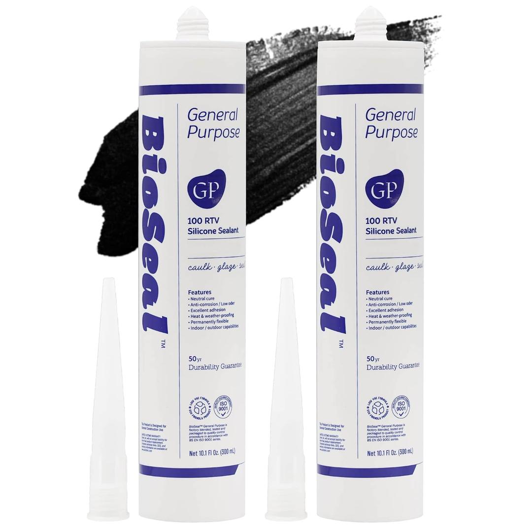 Black BioSeal 100% Silicone Sealant Caulk General Purpose, Waterproof and No Odor 10.1 Ounce Cartridge -Black 2 Set
