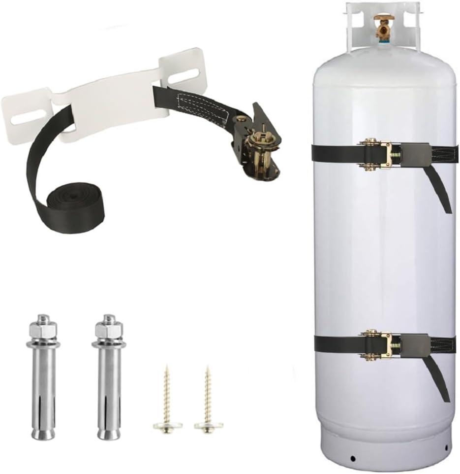Propane Tank Holder Cylinder Wall Mounted Brackets, Ratchet Straps6.6ft , Steel Gas Cylinder Holder, Heavy Duty Gas Cylinder Holder Wall-Mounted Bracket (White 1)