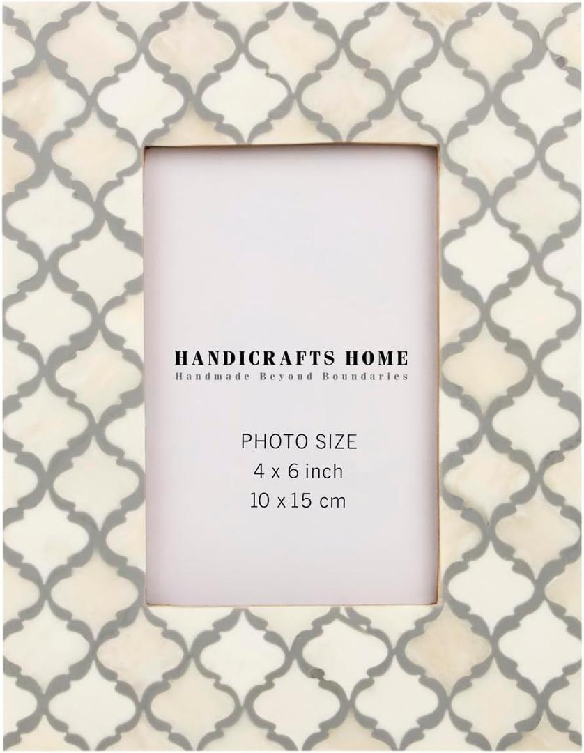 Picture Photo Frame Moorish Damask Moroccan Arts Inspired Handmade Naturals Bone Frames Size 4"x6", White-Grey
