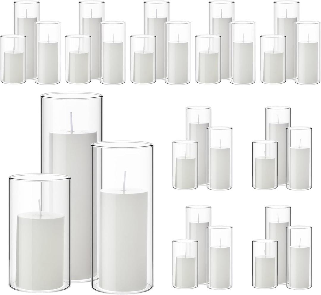 Shihanee 60 Pcs Pillar Candles and Glass Cylinder Vases Clear Cylinder Holders for Slim Pillar Candles Table Decoration (White)
