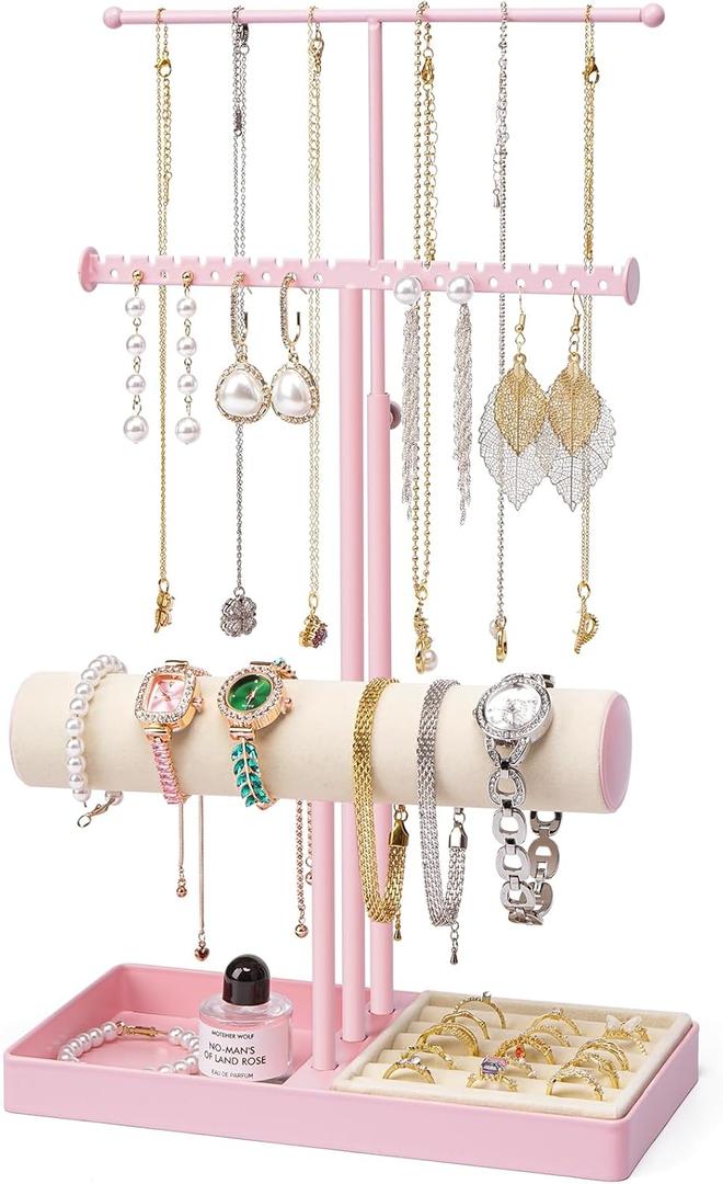 Pink Jewelry Organizer Stand, 3-Tier Necklace & Bracelet Holder with Velvet Ring Tray, Cute Aesthetic Jewelry Tree Storage Rack for Earrings & Rings  Perfect for Women & Girls