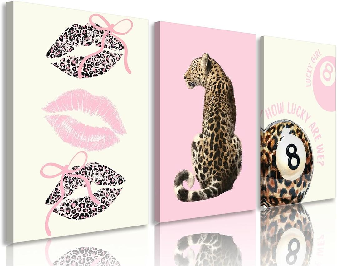 3Pcs Framed Leopard Wall Art Trendy Pink Lips With Bow Canvas Funky Cheetah Wall Decor Pictures Fashion Lucky 8 Ball Poster Prints for Dorm Bedroom Ready to Hang 16x24in