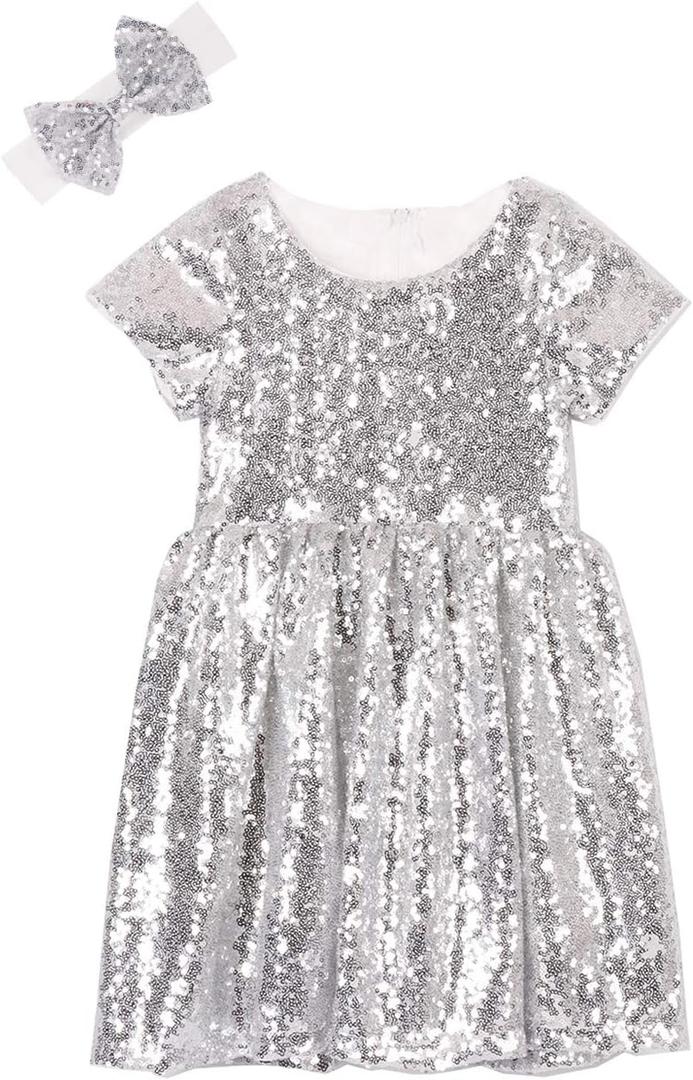 Cilucu Flower Girl Dress Baby Toddlers Sequin Dress Kids Party Dress Bridesmaid Wedding Gown Birthday Dress Silver White 7T-8T