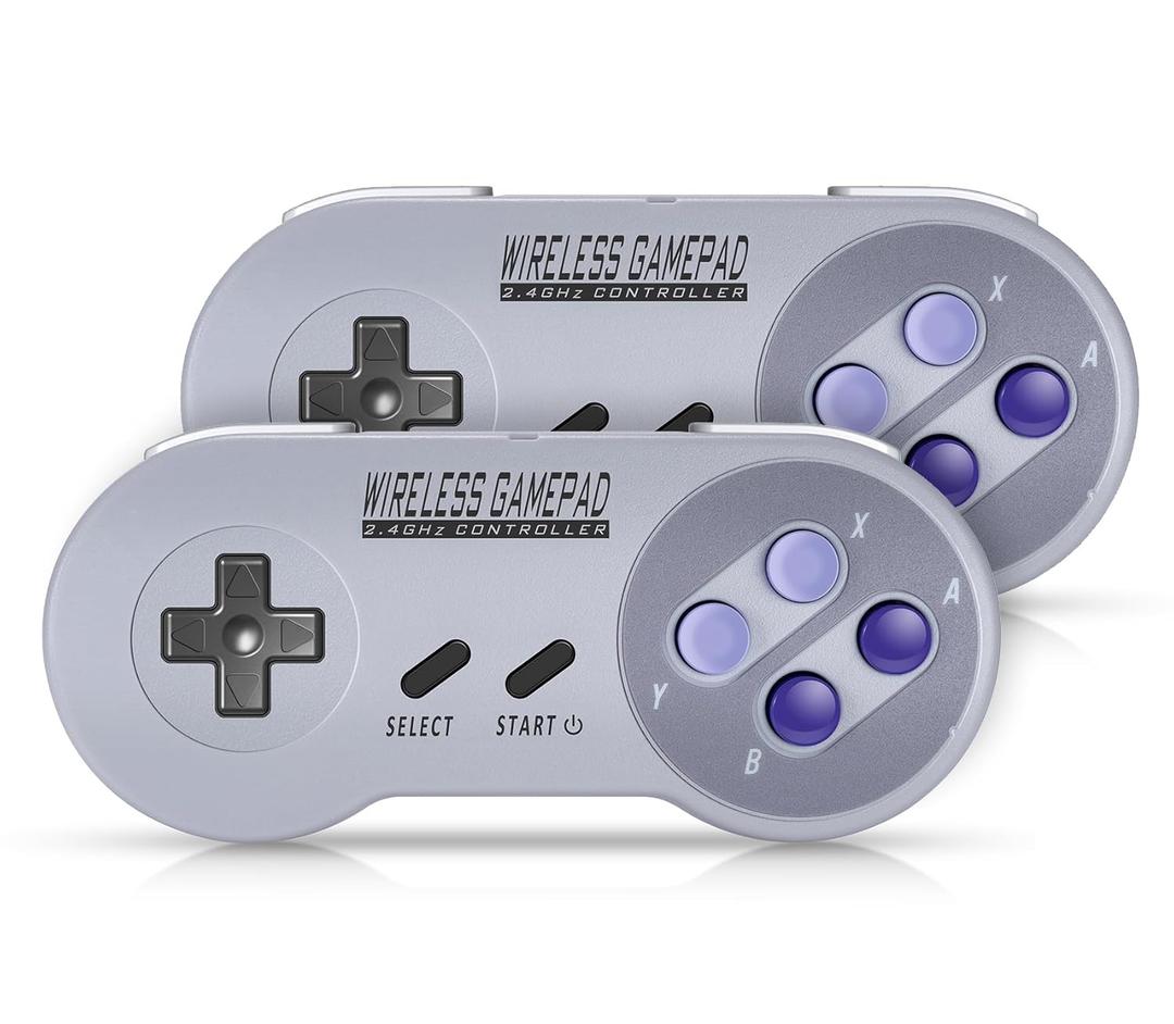 2 x Asopiram Wireless Controller for SNES Games, 2.4GHz Cordless Gamepad with USB Receiver for Windows PC Emulator, Rechargeable Retro Joystick Compatible for SNES Classic Switch I, 2-Pack