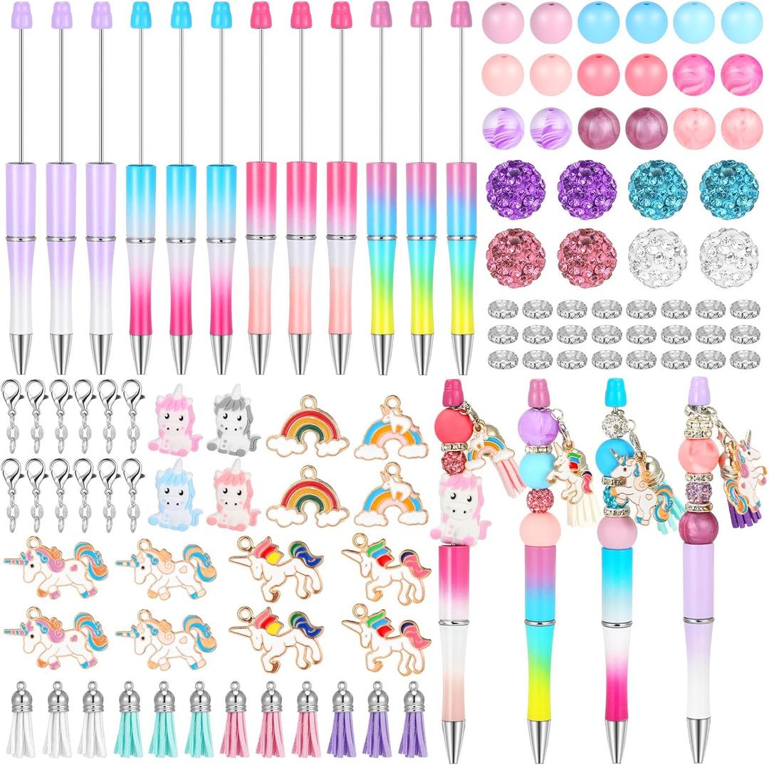 Lewtemi Beadable Pen Making Kit - 12 Sets Assorted Bead Pens, Silicone Beads, Spacer Bead, Black Ink Ballpoint Pens Bulk for Women, Crafts, Office Gift(Unicorn)