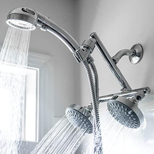 Shower with Power High Pressure Double Shower Heads with Handheld Spray. Adjustable Ball Joint and Detachable Head with Pressure Control Valves for an Enjoyable Spa Bathing Experience.