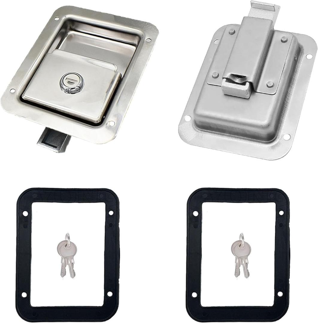 2 Pack Stainless Door Lock Heavy Duty Flush Mount Handle Latch for Trailer Toolbox RV Handle Latch with Gasket Keys