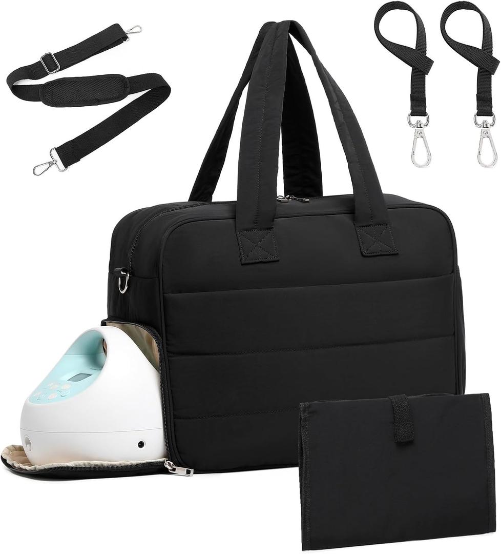 Diaper Bag with Breast Pump Laptop Compartment, Puffer Quilted Tote Bag with Baby Changing Pad Stroller Buckle Straps (Black)