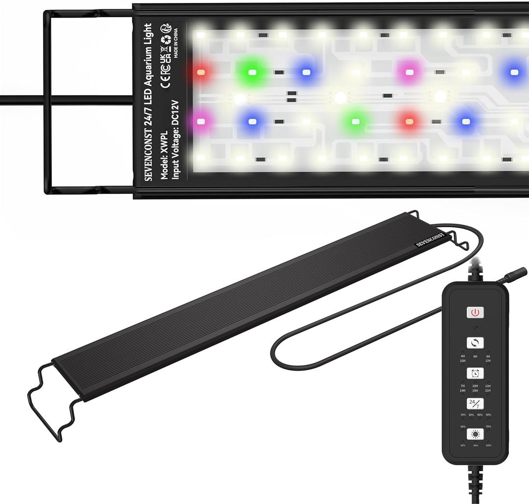 24/7 Mode LED Aquarium Light for 45-54 Inch Plant & Fish Tank, IP68 Full Spectrum Light, Sunrise-Daylight-Moonlight, White Red Green Blue Pink LEDs with Extendable Brackets for Freshwater