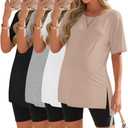 Baggyfly 4 Pack Womens Maternity Shirts Short Sleeve Split Side Cotton Pregnancy Tops Loose Crewneck Soft Maternity Clothes(Khaki, White, Light Gray, Black,Small) (S)