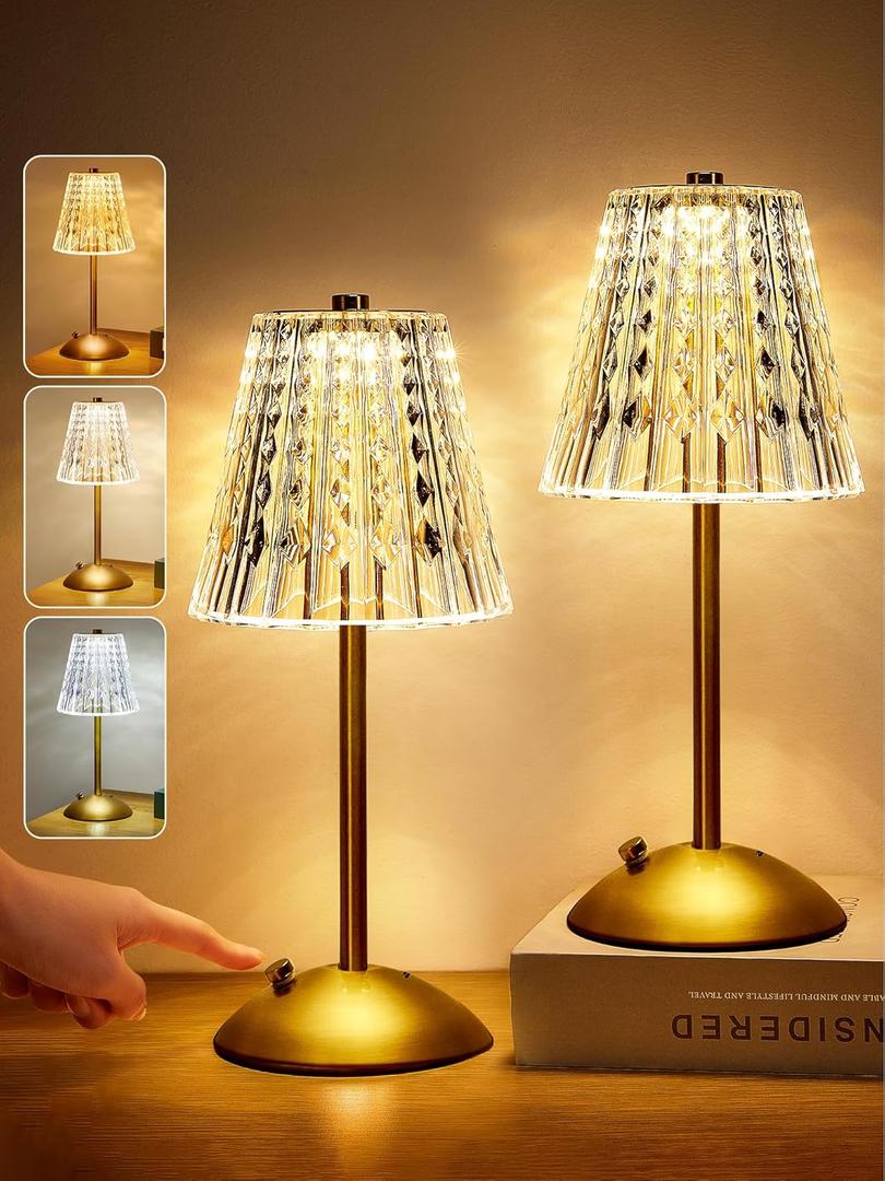 One Fire Nightstand Lamps Set of 2, Dimmable Crystal Table Lamp 3 Colors Gold Lamp,Touch Lamp Bedroom Lamps, Rechargeable Small Lamp, Bedside Lamps Set of 2 for Bedroom Living Room Bathroom Hotel Bar