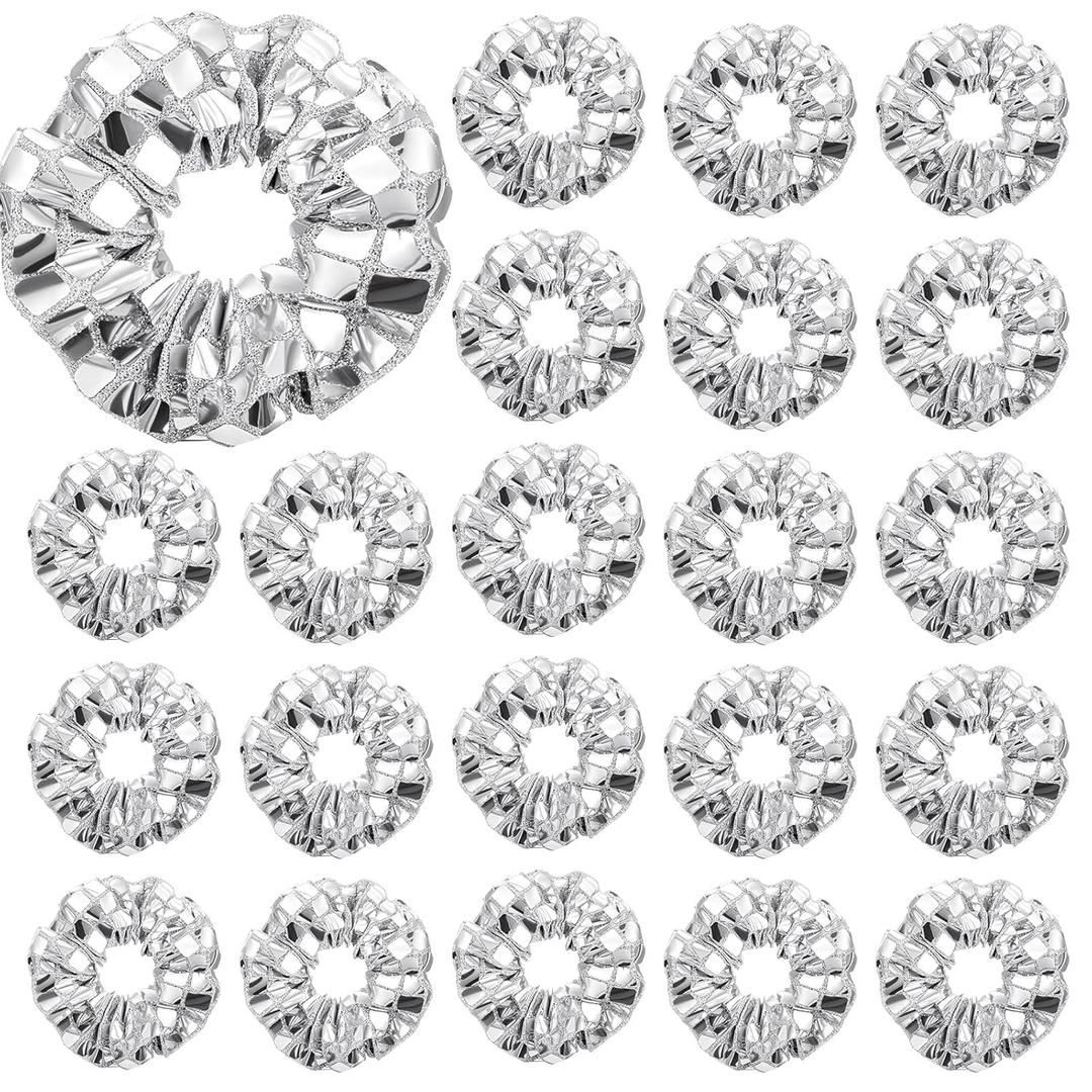 Lyrow 24 Pack Disco Ball Party Favors Sequin Bulk Hair Scrunchies Silver Shiny Glitter Sparkle Disco Metallic Accessories for 80s 90s Gift Birthday Western Bridal Shower Bachelorette (Silver)
