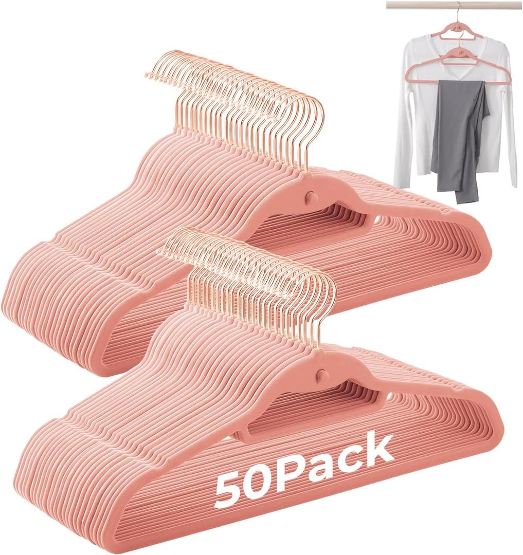Pink Velvet Hangers 50 Pack, Felt Covered Non Slip Fabric with Stackable Cascading Hook, Ultra Thin and Space Saving with 360 Swivel Neck, 15Lbs Capacity for Clothes, Suit, Shirt, Coat