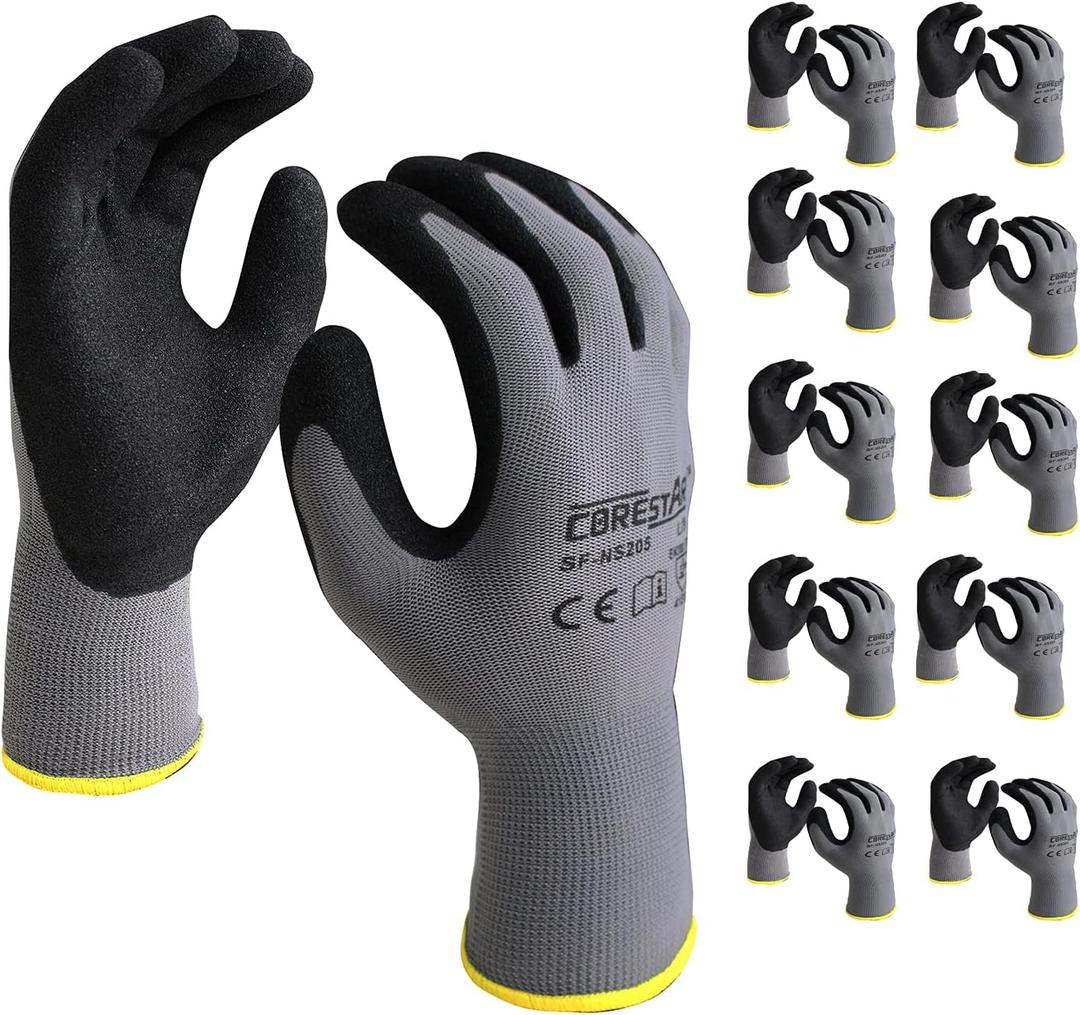 Corestar Safety Work Gloves Sandy MicroFoam Nitrile Palm Coated Seamless Nylon Micro-Foam Gloves 10 Pairs, L