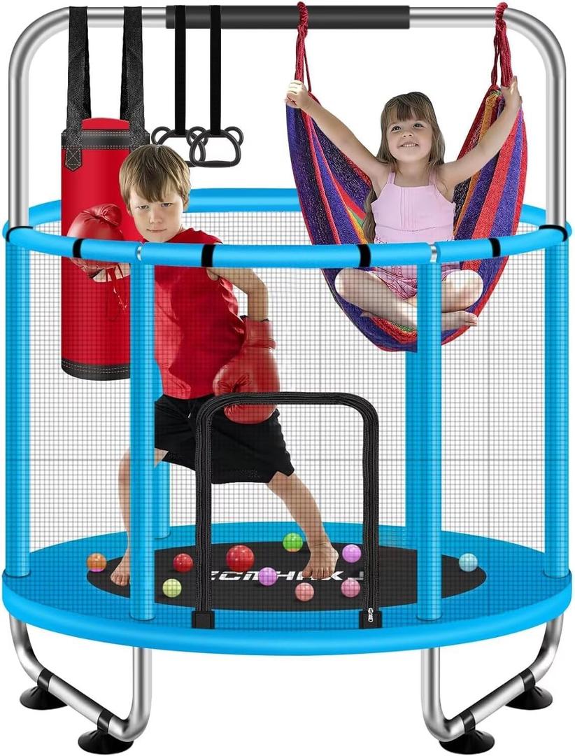 55" Trampoline for Kids with Enclosure, 440lbs Capacity Indoor & Outdoor Toddler Trampoline with Adjustable Gymnastics Bar & Toys, for Boys & Girls (Blue)