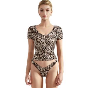 SUUKSESS Women Double Lined Fitted Basic Tee Sexy V Neck Short Sleeve Y2K Crop Top (Medium, Cheetah)