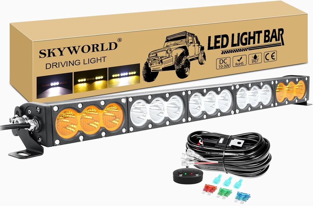 SKYWORLD Single Row LED Light Bar with 12V Wiring Harness Kit, 28 inch 150W Dual Color White Amber Offroad Driving Fog Lights Roof Bumper LED Bar for Car Truck SUV UTE ATV 4x4 4WD Vehicles
