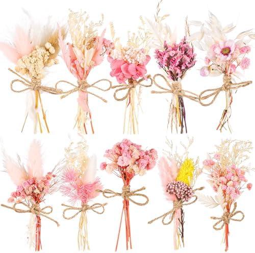 10 Pack Dried Flower Bouquets Pink Series Natural Dry Flowers Combination with Stem Boho Wedding Decor Artificial Floral Embossing Flower Bundles for Craft Vase, Table Centerpieces, Proposal Bouquet