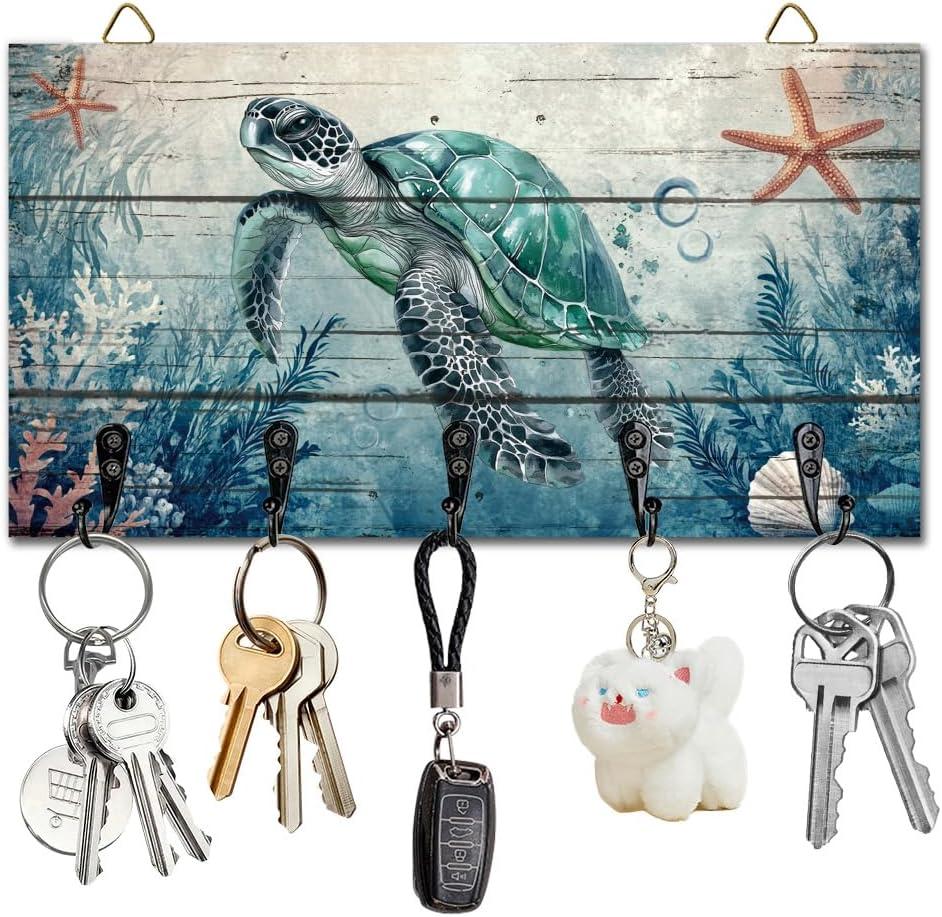 Sea Turtle Ocean Key Holder Key Hooks Organizer Hanger Rack Wall Mounted Wooden Key Rack with 5 Key Hooks for Home Entryway Front Door Kitchen Hallway Bedroom Wall Decorative Key Storage