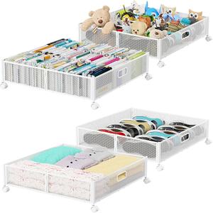 Under Bed Storage, Under the Bed Storage Containers with Wheels, Under Bed Shoe Storage Organizer Drawer, Tool-free Assembly Metal Underbed Storage Containers for Bedroom Clothes Shoes Blankets -4PCK (4 Pack(23.623.6"), White)