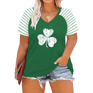 VISLILY Women's-Plus-Size-Tops V Neck Striped Raglan T Shirts Summer Short Sleeve Tee (Green, XL)