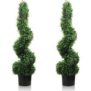 4FT Artificial Spiral Boxwood,Topiary Trees Artificial Outdoor-Indoor Outdoor Decor - Plastic Pots - Set of 2