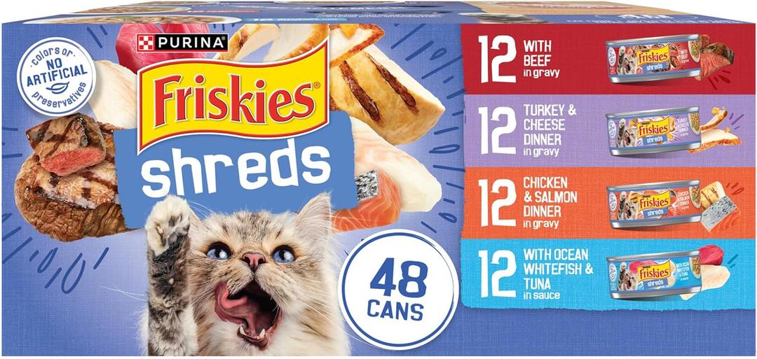 Purina Friskies Wet Cat Food Variety Pack, Shreds With Beef, Turkey and Cheese Dinner, Chicken and Salmon Dinner, and With Ocean Whitefish and Tuna - 48 ct. Can (16.5 Pound (Pack of 1))