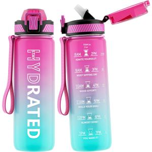 Water Bottle with Straw, 27oz Motivational Water Bottles with Time Marker to Drink, Tritan BPA Free, 750ml Sports Water Bottle with Carry Strap LeakProof for School Fitness Outdoor (1Pack) (Purple Green)