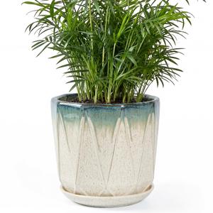 SAFIOROIS 10 Inch Ceramic Plant Pot with Drainage Hole Mesh Net, Large Flower Pots for Indoor Plants with Saucer, Gardening Pots Outdoor (Blue Linen)