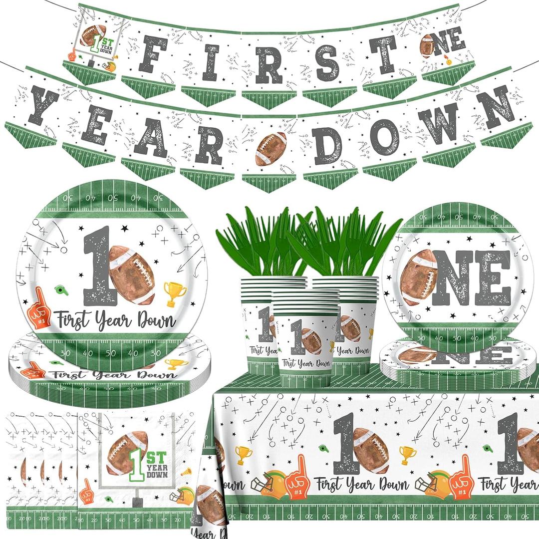 142Pcs First Year Down Football Birthday Party Decorations Football Tableware Set with Plates Napkins Cups Tablecloth and Banner First Year Down Birthday Party Decorations Football Party Decorations