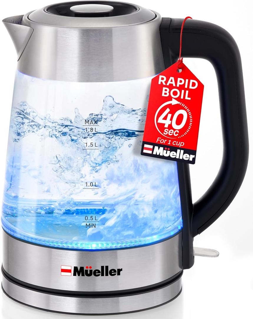 Mueller RapidBoil Electric Kettle 1.8L  Borosilicate Glass & Stainless Steel  BPA-Free Tea Kettle, LED Light, Auto Shut-Off, Boil Dry Protection Water Heater  Fast Heating, Kitchen Essentials