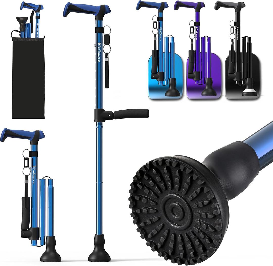 Adjustable Walking Cane for Men & Women for Stability,Foldable walking canes with Second Handle for standing,350lbs Heavy Duty,All Terrain,Collapsible Walking Sticks for Seniors & Adults,Blue