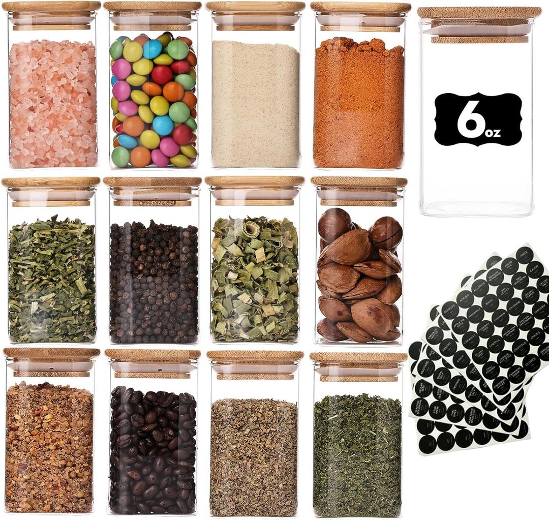 6oz Glass Spice Jars with Bamboo Lid and Label, 12 Pack Square Glass Container, Small Food Storage Containers for Kitchen, Clear Empty Seasoning Jar for Sugar, Salt, Coffee Bean, Herb, Borosilicate