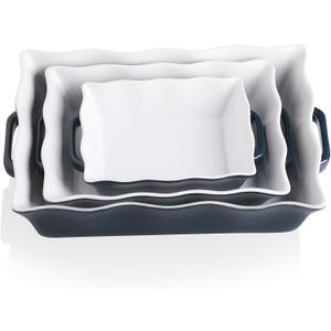 Sweejar Casserole Dishes for Oven, Ceramic Bakeware Set of 2, Rectangular Baking dish with Handles, Wave Edge Lasagna Pan Deep for Cooking, Cake, Dinner, Banquet and Daily Use (Navy)