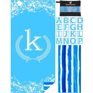Personalized Microfiber Monogrammed Beach Towel Sand Free Quick Dry Super Absorbent Customized Initial Letter Lightweight Oversized Pool Swim Towels K Gifts for Women (K Blue Snow)