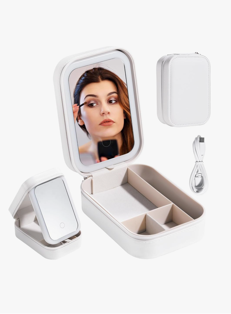 Travel Cosmetic Mirror Case LED Makeup Mirror Storage Case for Eyelash station Brushes Cosmetic Tools Pink On-the-go Makeup Needs (White)