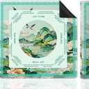 Teal Chinoiserie Mahjong Mat for Table, Vintage Chinese Mountain Crane Scenery 31.5" x 31.5" Non-Slip & Noise Reduction Mahjong Mat for Poker Dominoes Cards & Board Games
