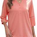 3/4 Length Sleeve Womens Tops Dressy Casual Blouses for Women 2025 Henley V Neck Shirts Loose Fit Tunic Tops (Pink, M)