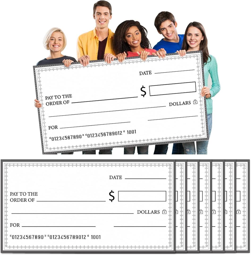 Eersida 6 Pcs Giant Checks 30'' x 16'' Large Blank Fake Big Checks for Presentations Reusable Funny Oversized for School Graduation Donation Awards Fundraisers Charity Business