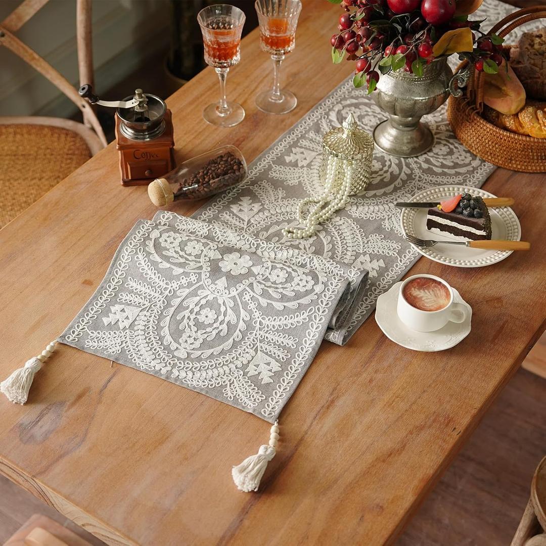 Embroidered Table Runner Boho Farmhouse Dresser Scarf Macrame Rustic Lace Doily with Tassel for Kitchen Indoor Outdoor Fireplace (Gray, 14 x 38 Inches) (Grey)