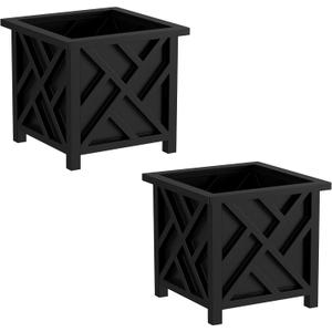 Lattice Design Planter Box 2-Pack 14.75-Inch Decorative Outdoor Flower or Plant Pots Front Porch, Patio, and Garden Decor by Pure Garden (Black)