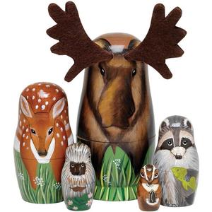 Bits and Pieces Moose Nesting Dolls - Russian Doll Set of 5 Hand Painted Wood Matryoshka Dolls, Traditional