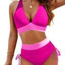 Blooming Jelly Women High Waisted Bikini Sets Tummy Control Swimsuits Color Block Two Piece Drawstring Bathing Suit (Medium, Pink062)