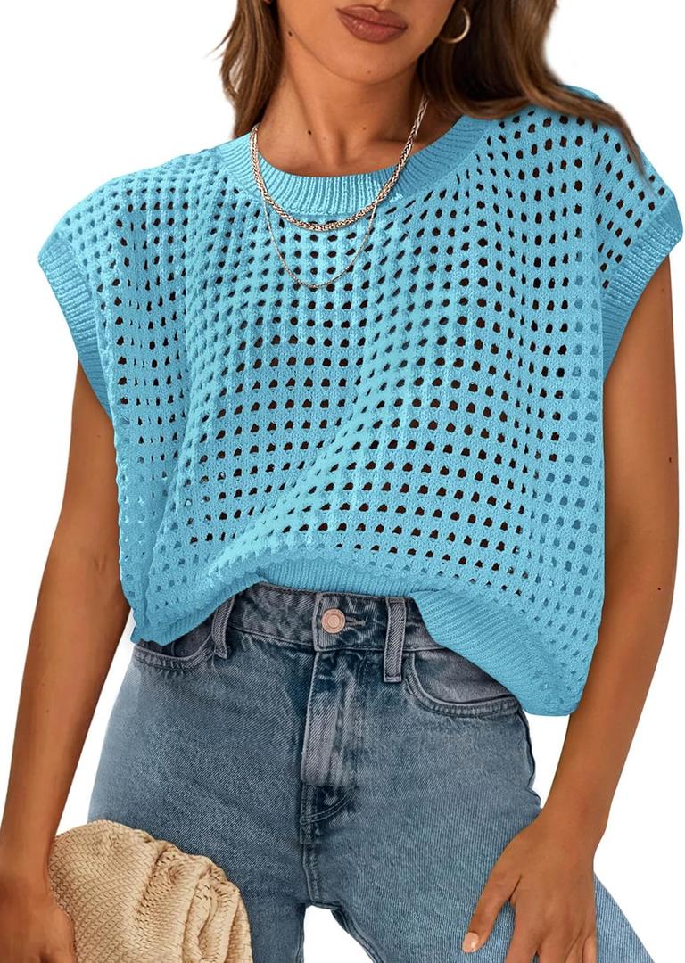 PRETTYGARDEN Womens Spring Tops 2026 Summer Shirts Crochet Cap Sleeve Sweater Pullover Cute Beach Vacation Clothes (X-Large, Sky Blue)