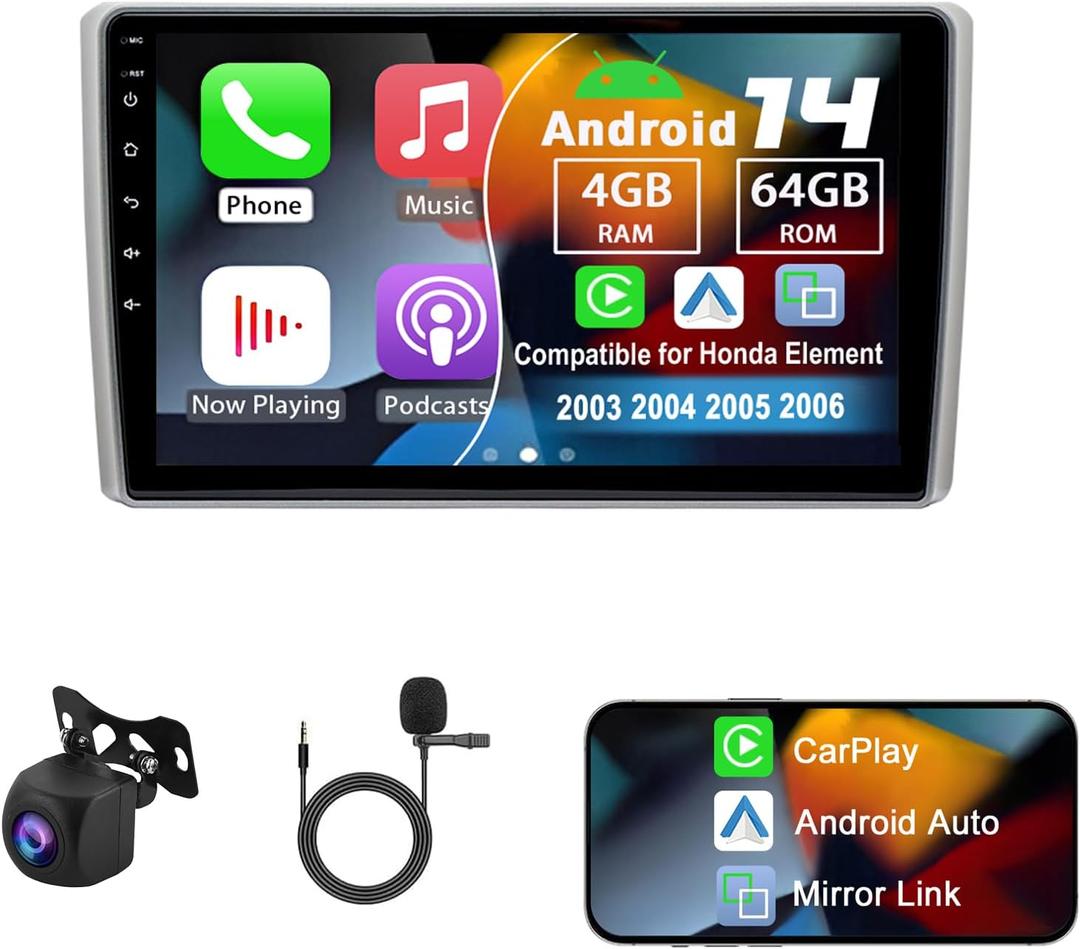 Android 14 Double Din Car Radio Compatible with Honda Element 2003 2004 2005 2006, 4G+64G 10" Touch Screen Car Stereo with Wireless Carplay Android Auto GPS WiFi Mic Backup Camera