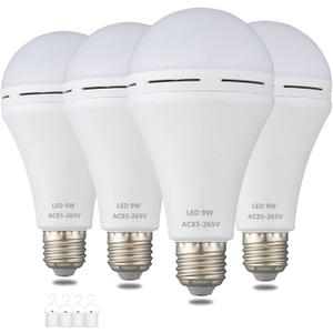 A19 Rechargeable Emergency LED Bulb, 9W 60W Equivalent Battery Backup Emergency Light with Switch Hook, E26 6000K for Home Power Outage Outdoor Activity Camping Hurricane,4-Pack