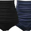 COCOPEAR Women's Ruched High Waisted Bikini Bottom Retro Vintage Swim Short Tankinis (X-Large, Black+navy) 2 Pack