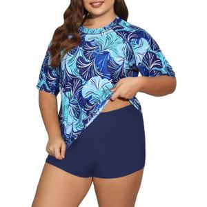Womens Plus Size Short Sleeve Rash Guard Sets Swim Shirts with Shorts UPF50+ Two Piece Swimsuit (4X, Blue Leaf+navy Bottoms 1)